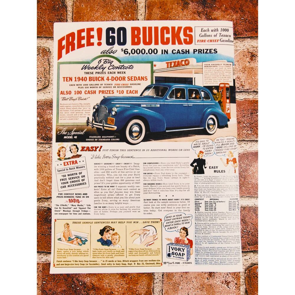 1940 Vtg Ivory Soap Blue Buick Promo "I Like Ivory Because" Retro Advertising